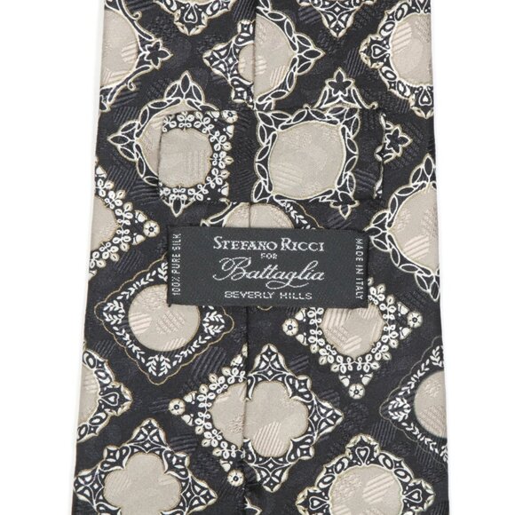 Stefano Ricci Men's Silk Neck Tie Black with Silvery-Grey Circle Medallion 61"L - Picture 3 of 4